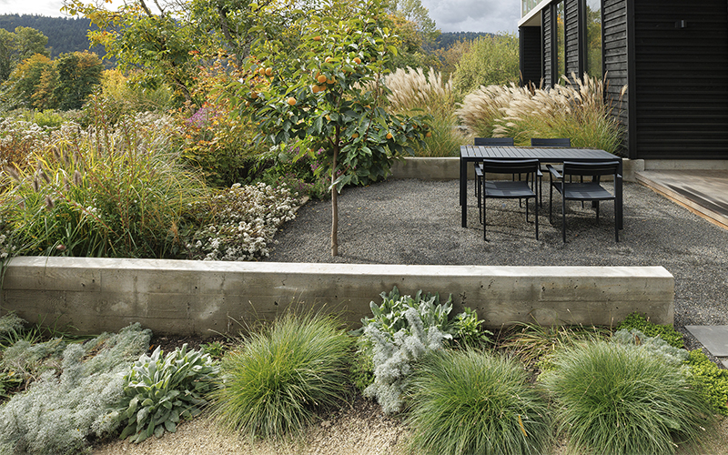 outdoor dining room with a view of mountains