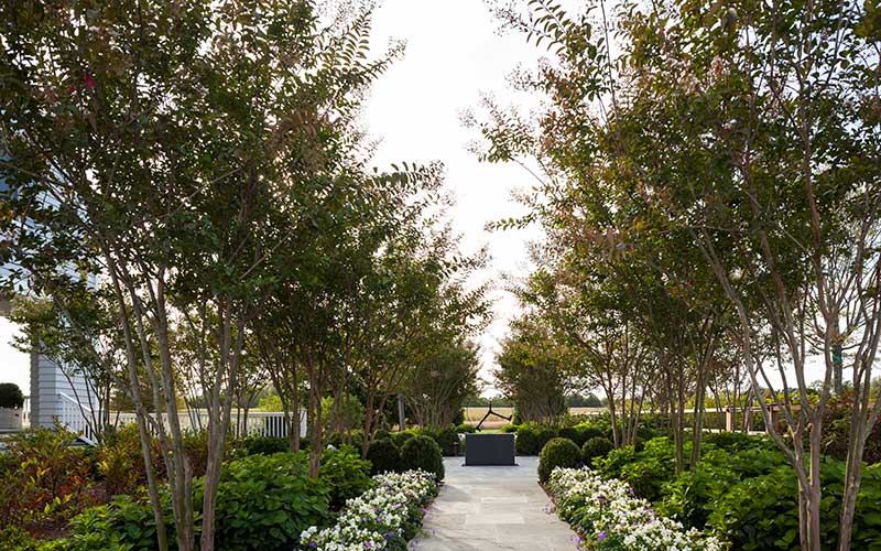 landscaped pathway with scultpure in formal garden