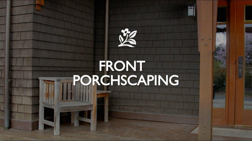 Front of home with wooden chair and text that reads, "Front Porchscaping."