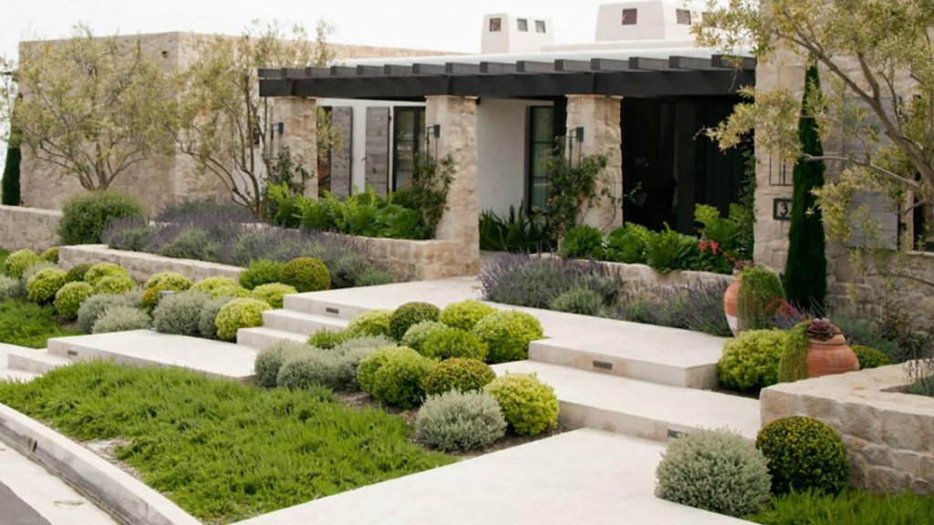 Modern home's front yard featuring round clipped shrubs, junipers, beds of lavender, and pillars of climbing roses.