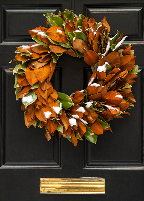 magnolia leaf wreath on a black door with gold mail slot