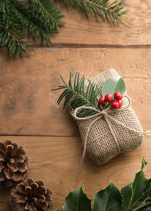 gift wrapped in burlap with red berries