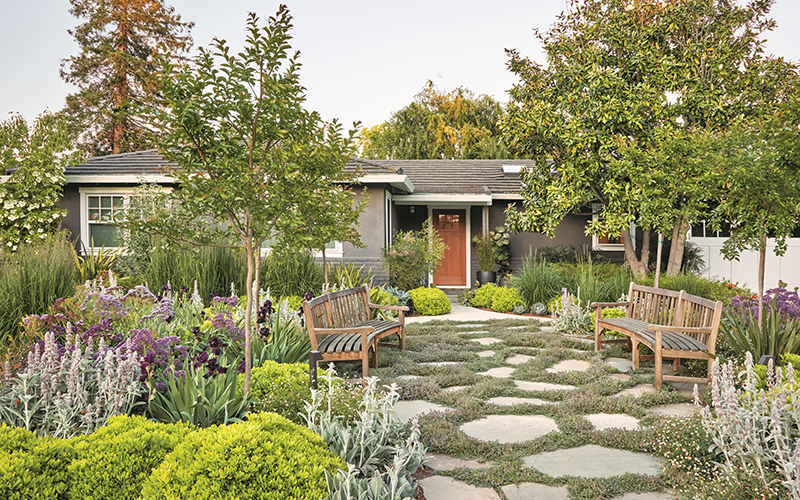 low maintenance front yard with flagstone courtyard
