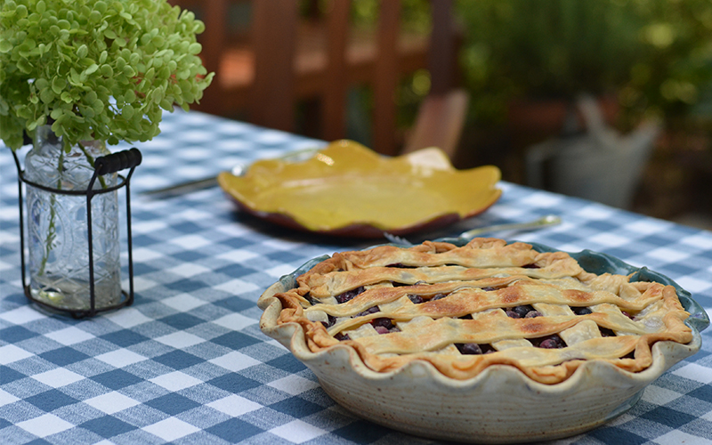 blueberry pie on checkered blue and white tablecloth